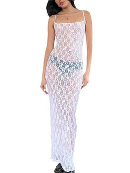 Элегантное кружевное платье Макси без рукавов на бретельках-спагетти, идеально подходящее для вечеринок и клубной одежды