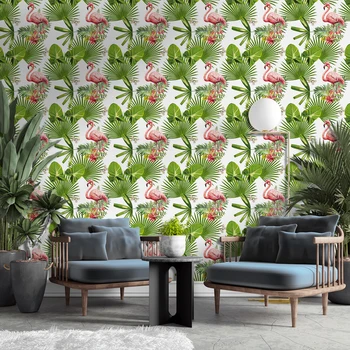 Обои с фламинго, большой зеленый лист, бабочка, Съемные самоклеящиеся обои для украшения стен в гостиной