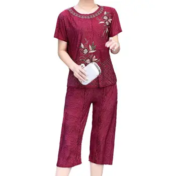 Летняя женская пижама с круглым вырезом и цветочным принтом, футболка с коротким рукавом, брюки, Свободная одежда для среднего возраста