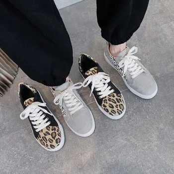 Модная леопардовая парусиновая обувь, дышащая женская вулканизированная обувь, Повседневная легкая спортивная обувь для бега на шнуровке, Женские кроссовки