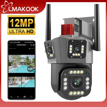 LMAKOOK 6K 12MP, Трехобъективная WIFI PTZ-камера, 4K, Трехэкранная камера с искусственным интеллектом, Автоматическое отслеживание человека, Камеры видеонаблюдения