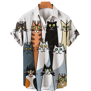 Прекрасная Мужская Рубашка с 3D цифровой Печатью и Мультяшными животными на одной Пуговице, Повседневная Трендовая Свободная Рубашка с короткими рукавами, Мужской Топ, Плюс Размер 5XL