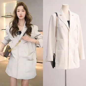 SuperAen Модный Свободный женский Блейзер высокого класса, куртка в корейском стиле с длинными рукавами и карманами, пальто