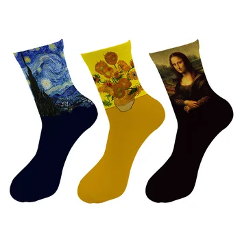 Новые носки в стиле ретро с 3D-принтом, мужские Забавные Звездные ночные Винтажные Длинные носки, Носки-тюбики с масляной живописью Ван Гога