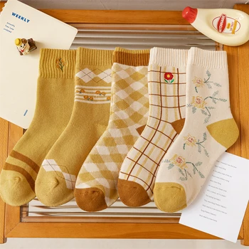 Весенние желтые носки, Японские сладости, хлопок, Каваи, Милые осенние женские носки в полоску в стиле Харадзюку с геометрической вышивкой в виде решетки