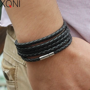 XQNI бренд черный ретро Оберточная Бумага Длинный кожаный браслет для мужчин браслеты модные sproty звено цепи мужской браслет-оберег с 5 кругами