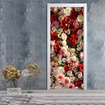 Современные простые красно-розовые обои с розами, Настенная роспись на двери, ПВХ Самоклеящаяся Водонепроницаемая наклейка для гостиной, спальни, 3D Papel Tapiz